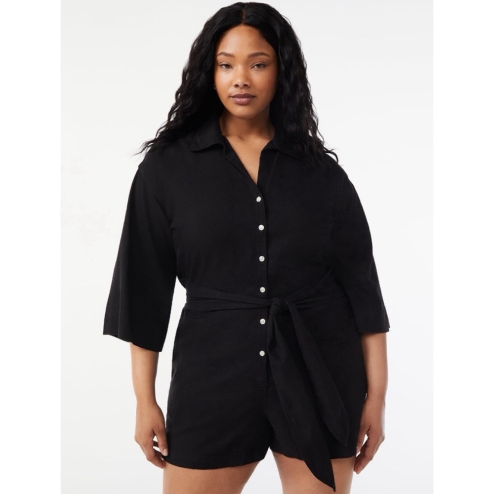 🆕 Free Assembly Women’s Black Linen Blend Belted Short Romper XXL NWT New!